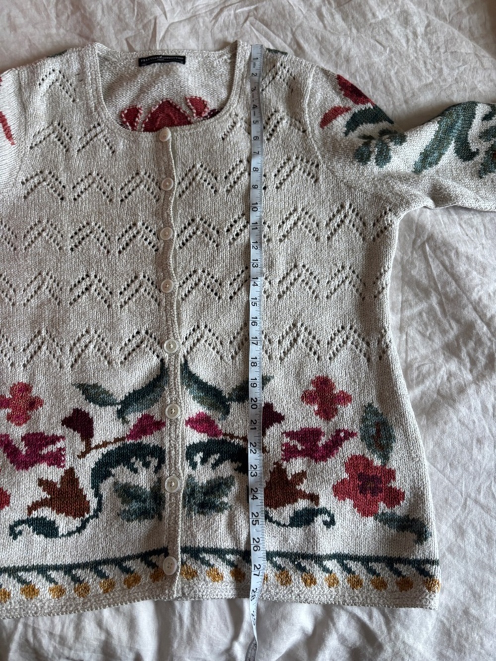 Peruvian Connection Pima Cotton and Alpaca Cream Cardigan Sweater Floral XL - Picture 9 of 10